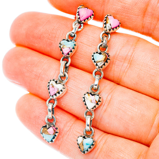 Exclusive Southwestern Style Cotton Candy Dahlia Turquoise Heart Earrings 1 7/8" (.925 Sterling Silver)