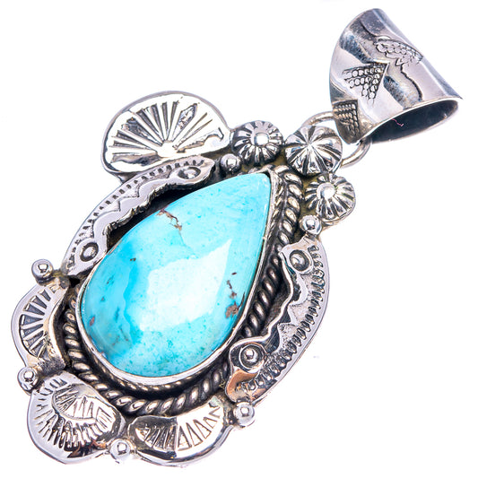 Turquoise teardrop pendant, .925 sterling silver, detailed Native-style frame with bail