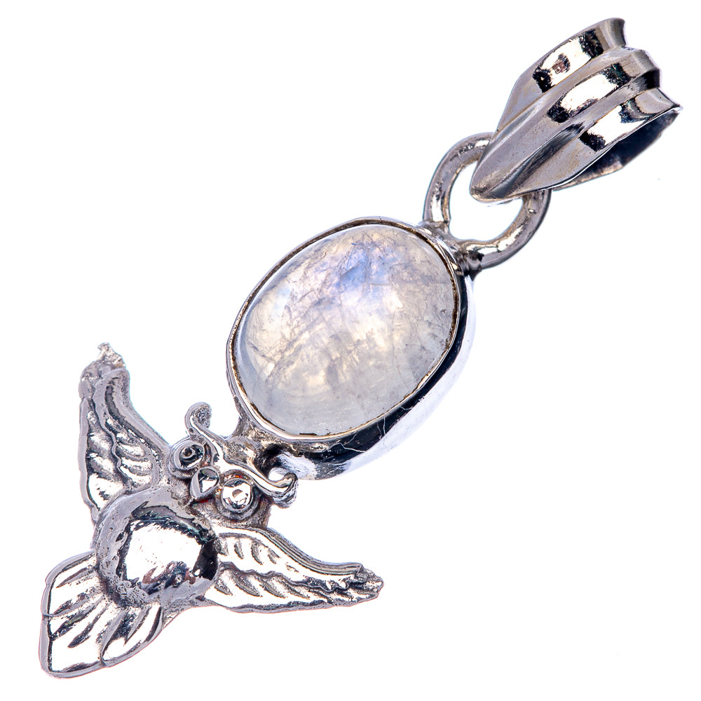 Oval rainbow moonstone pendant in 925 sterling silver with angel wing charm on bail