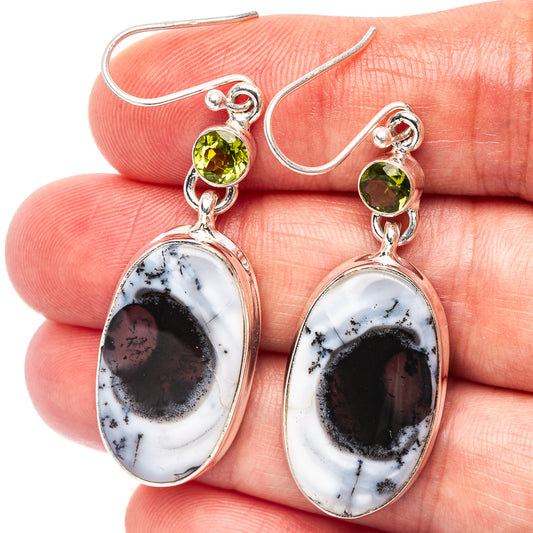 Oval dendritic opal and peridot drop earrings, .925 sterling silver hooks