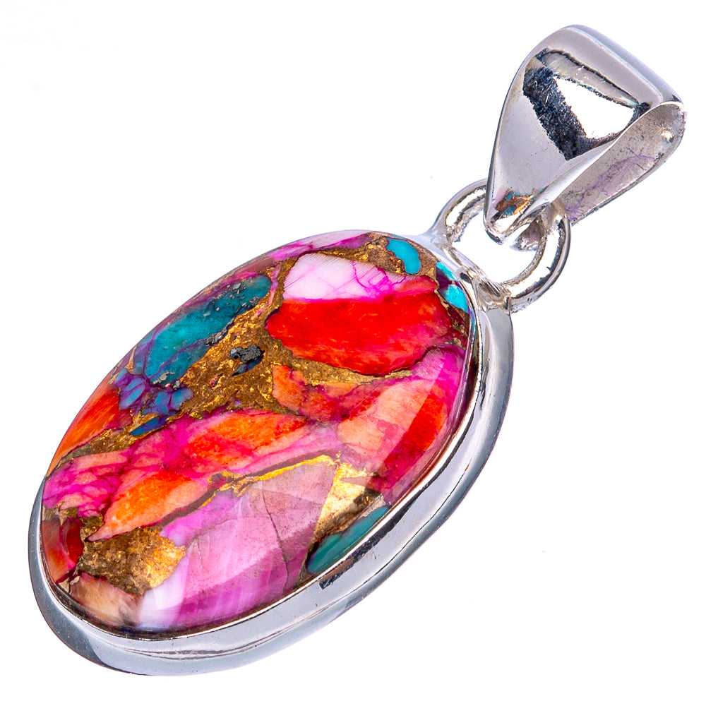Sterling silver teardrop pendant with multicolor pink, turquoise, orange gemstone stone