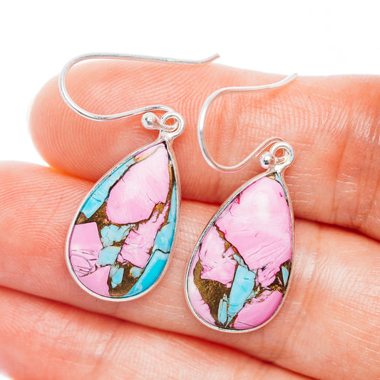 Teardrop turquoise and pink inlay earrings on .925 sterling silver hooks