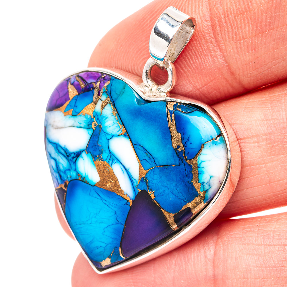 Premium Purple Dahlia Turquoise Heart Pendant 1 1/2" (.925 Sterling Silver)