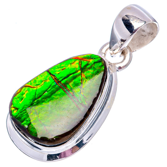 925 sterling silver ammolite pendant with oval green iridescent stone bezel