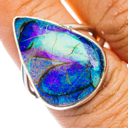 Sterling silver opal ring, teardrop bezel with blue-green and purple iridescence