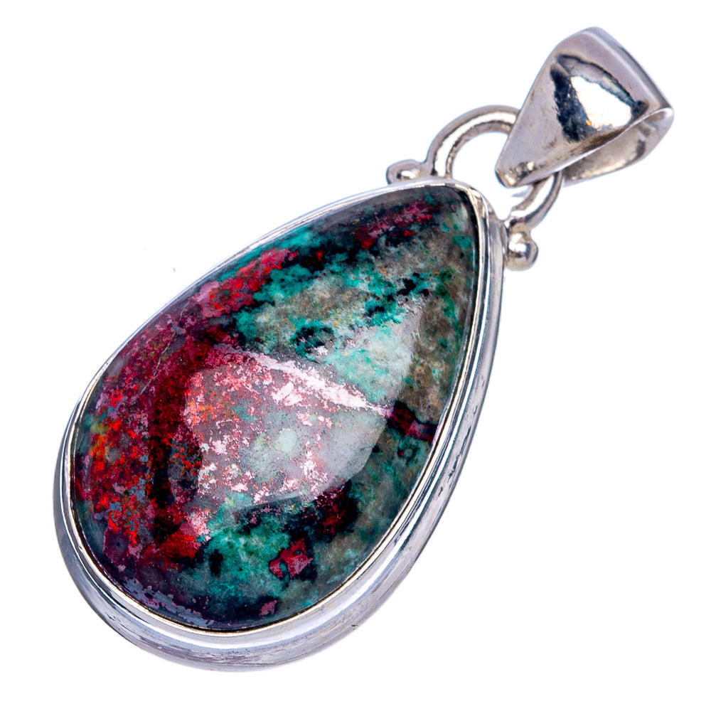 Silver teardrop pendant with marbled red, green, and black gemstone cabochon