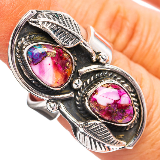 Southwestern Style Pink Dahlia Turquoise Ring Size 6 Adjustable (.925 Sterling Silver)