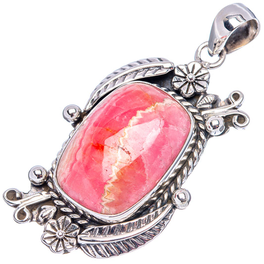 Oval pink rhodochrosite pendant, .925 sterling silver with floral side accents