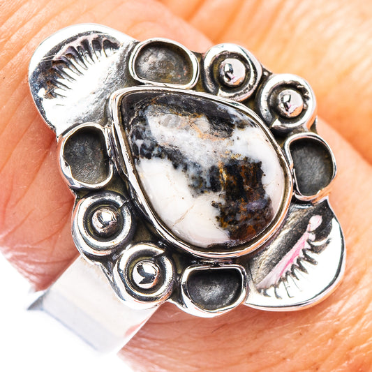 925 sterling silver adjustable ring with oval white stone and dark speckled matrix