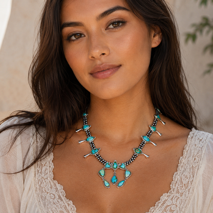 Southwestern Style Sonoran Gold Turquoise Squash Blossom Necklace 19 to 20" (.925 Sterling Silver)