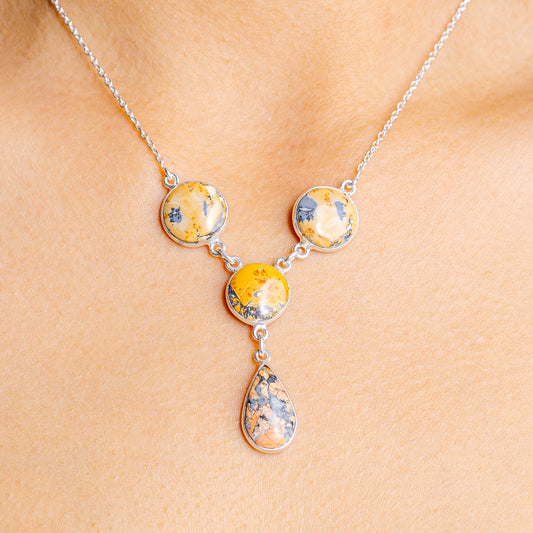 Sterling silver jasper pendant necklace with three blue-and-yellow stone drops