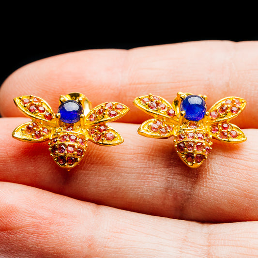 Tanzanite, Rhodolite Garnet Bee Earrings 5/8" (.925 Sterling Silver) 24k Gold Plated