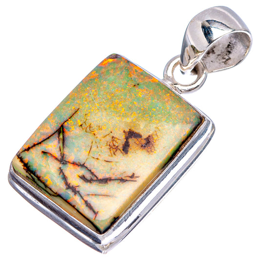 Sterling silver opal pendant with square opal cabochon in green and orange play-of-color.