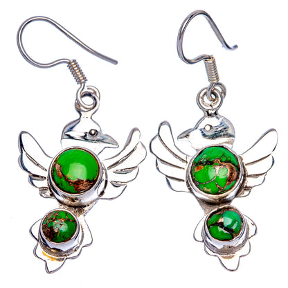 Green Copper Composite Turquoise Bird Earrings 1 5/8" (925 Sterling Silver) E433240
