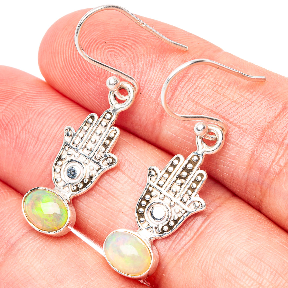 Hamsa opal drop earrings, round opal cabochons with silver detail and hook backs