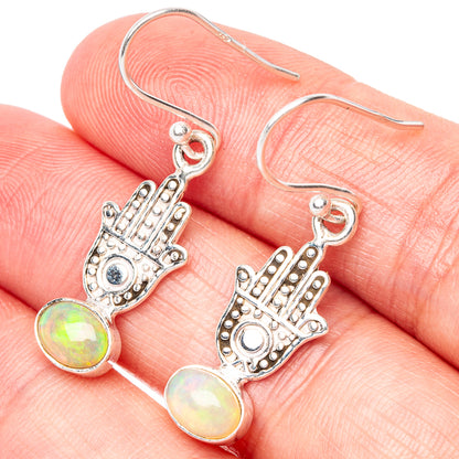 Hamsa opal drop earrings, round opal cabochons with silver detail and hook backs