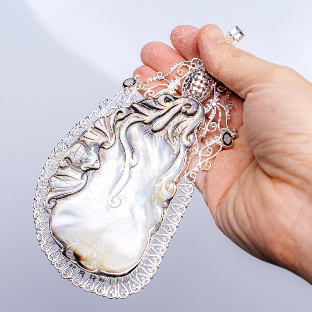 Gigantic Mother of Pearl, Cultured Pearl, Smoky Quartz Pendant 6" (.925 Sterling Silver)
