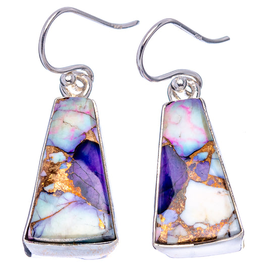Sterling silver dangle earrings with teardrop stone inlay in purple, white, gold flecks