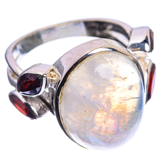 Rainbow Moonstone, Garnet 925 Sterling Silver Ring Size 6