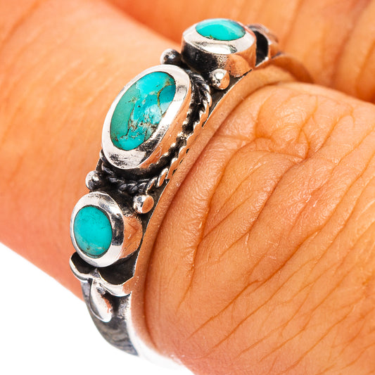 Native Style sterling silver turquoise ring with three oval turquoise inlaid stones