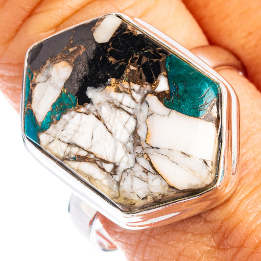 Sterling silver oval ring showing white howlite and teal chrysocolla with dark shungite