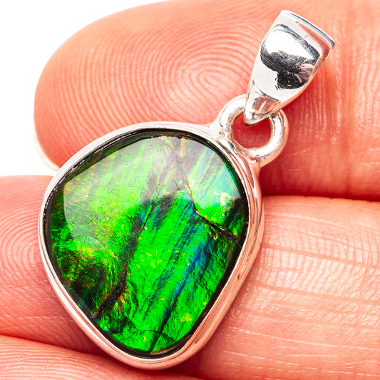 Heart-shaped ammolite pendant in .925 sterling silver, vivid green/blue iridescence