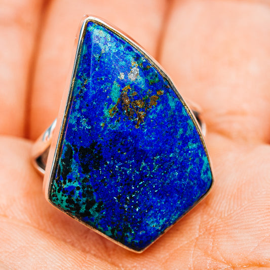 Blue azurite gemstone ring in sterling silver, triangular bezel with speckled flecks