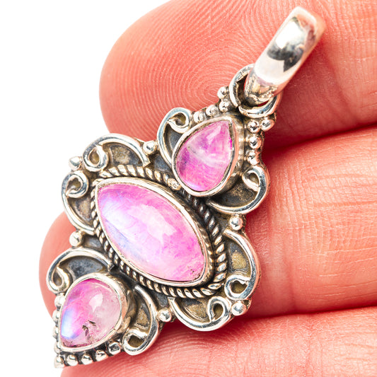 Pink moonstone pendant in .925 sterling silver, ornate teardrop setting with three stones