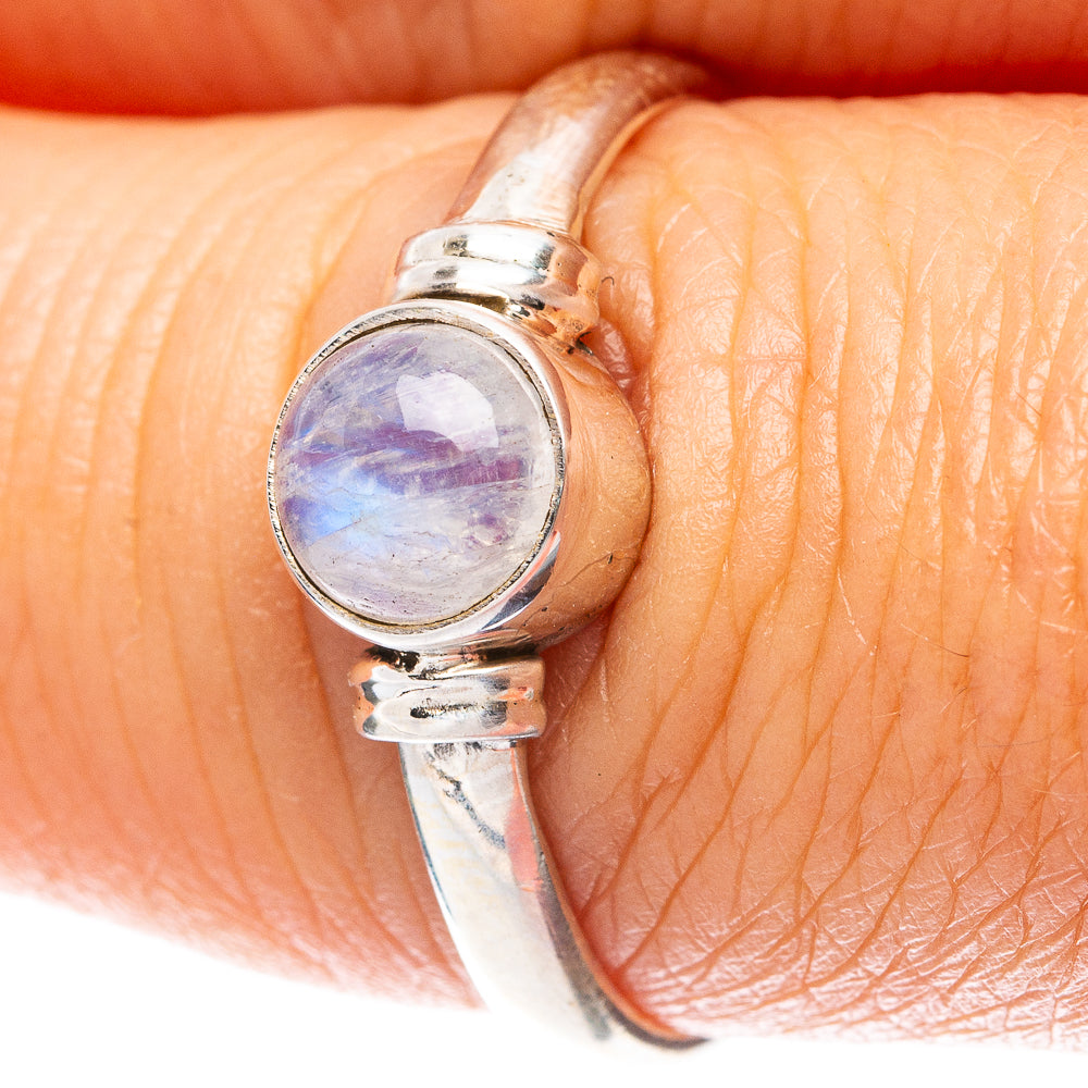 Dainty 925 sterling silver ring with oval rainbow moonstone cabochon and prong bezel