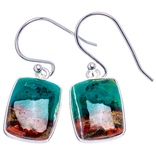 Sterling silver opalized wood earrings, teal square drops with red and gold flecks