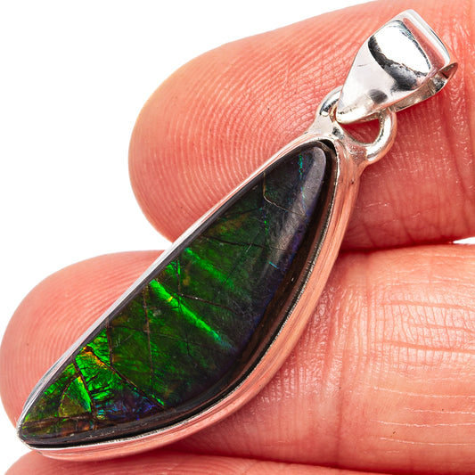 Sterling silver ammolite pendant with oval iridescent green and dark backing