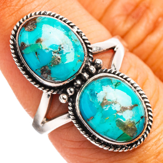 Turquoise oval double-stone ring with rope bezel, .925 sterling silver on hand