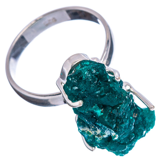 Sterling silver ring with raw green dioptase crystal cluster, prong-set, size 8.5