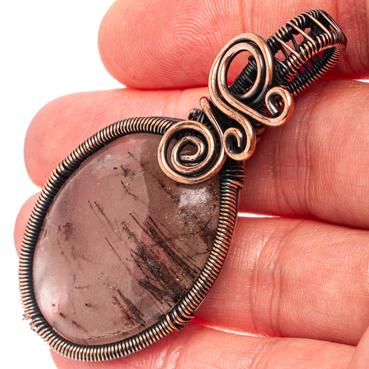Oxidized copper wire-wrap pendant with dark rutilated quartz teardrop cabochon