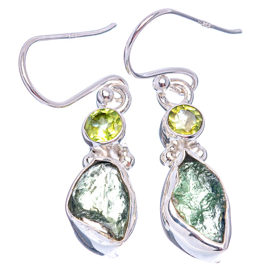 Sterling silver hook earrings with lime-green round stones and pear-shaped moldavite
