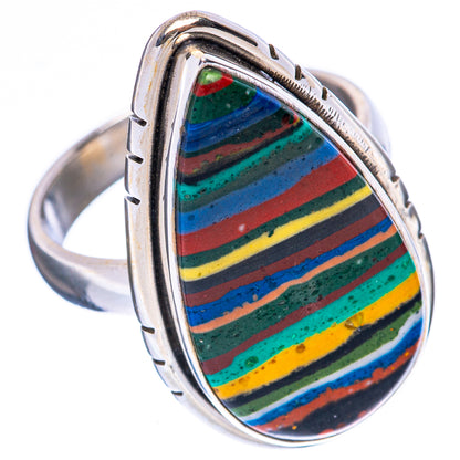 925 sterling silver oval rainbow calsilica ring, raised bezel, size 6.25