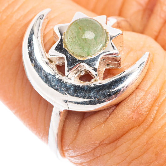 Sterling silver dainty ring with green amazonite cabochon and sun/moon motif, size 7