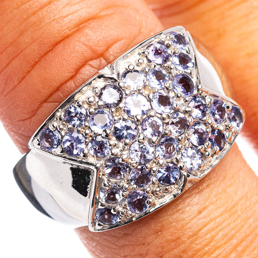 Sterling silver ring with tanzanite purple and clear crystals, cushion top settings