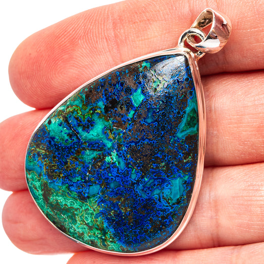 Teardrop azurite malachite pendant in .925 sterling silver with blue-green stone bezel