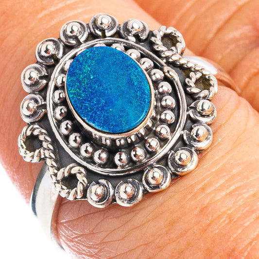 Sterling silver opal ring with round blue doublet center, ornate beaded bezel