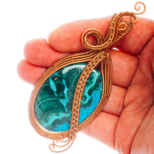 Malachite In Chrysocolla Wire Wrap Pendant 3 5/8" (Copper)