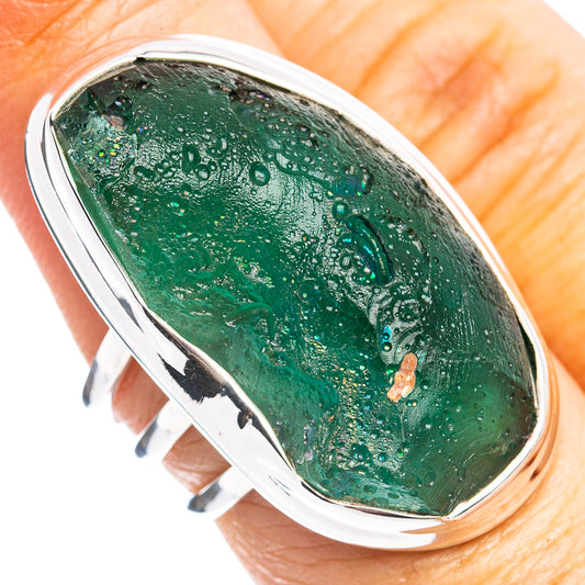 Sterling silver Roman glass oval ring with deep green glass cabochon