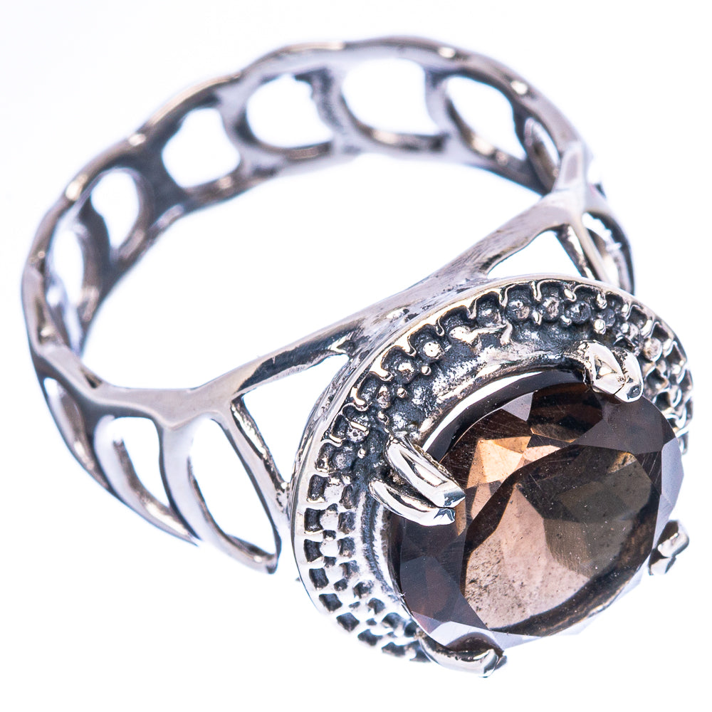 Smoky quartz oval ring with textured 925 sterling silver band and side prongs, size 8.75