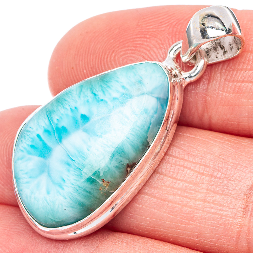 Larimar pendant on sterling silver bail, oval teardrop stone in bright turquoise