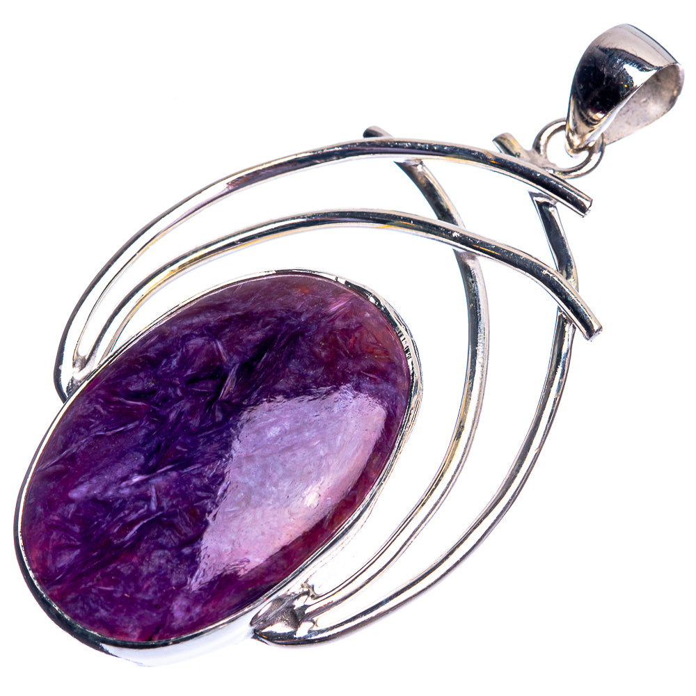 925 sterling silver pendant with oval charoite cabochon and curved double-arc frame