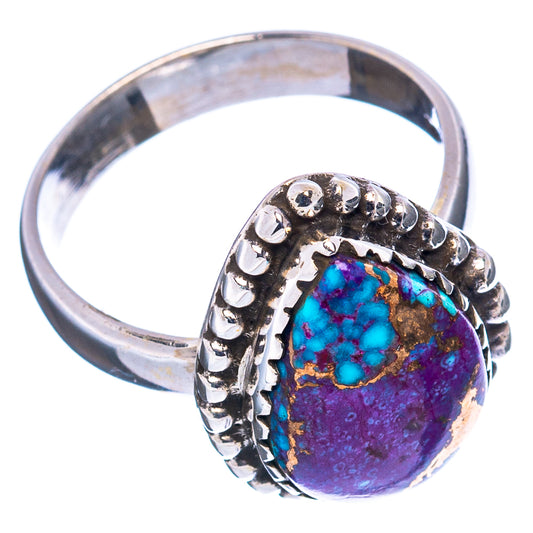 Sterling silver oval turquoise ring with purple stone and raised beadwork, size 7