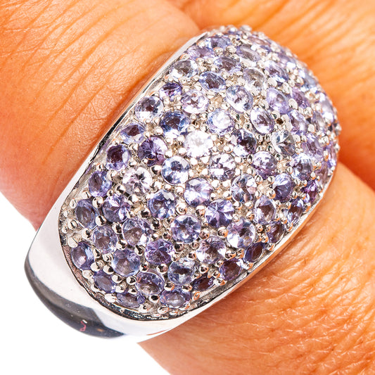 Sterling silver tanzanite ring with faceted oval purple gemstone cluster