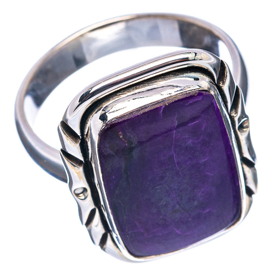 Sterling silver ring, rectangular purple sugilite centerpiece with carved metal shoulders