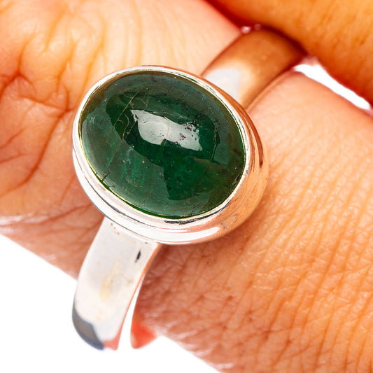 Sterling silver ring with oval green emerald cabochon, size 10
