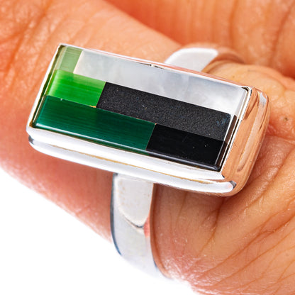 Sterling silver ring with green-and-black onyx composite rectangle, size 6.25